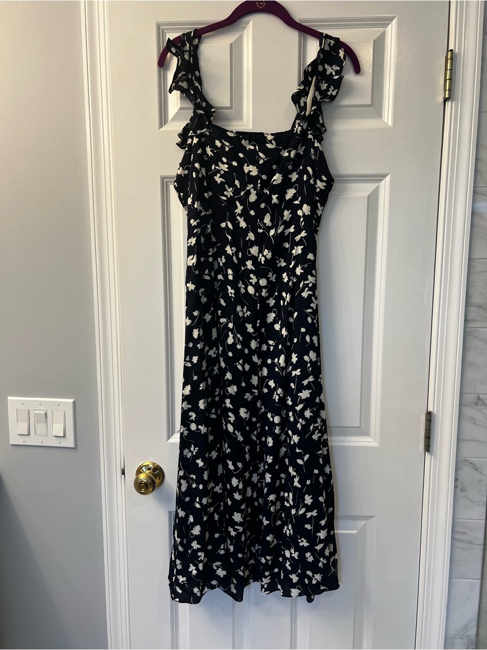 Whistles Navy Floral Ruffle-Strap Midi Dress